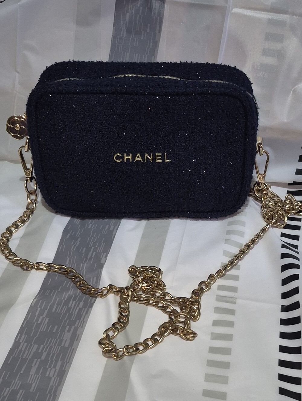 CHANEL Blue Tweed Mini Camera Bag with Gold Chain Strap